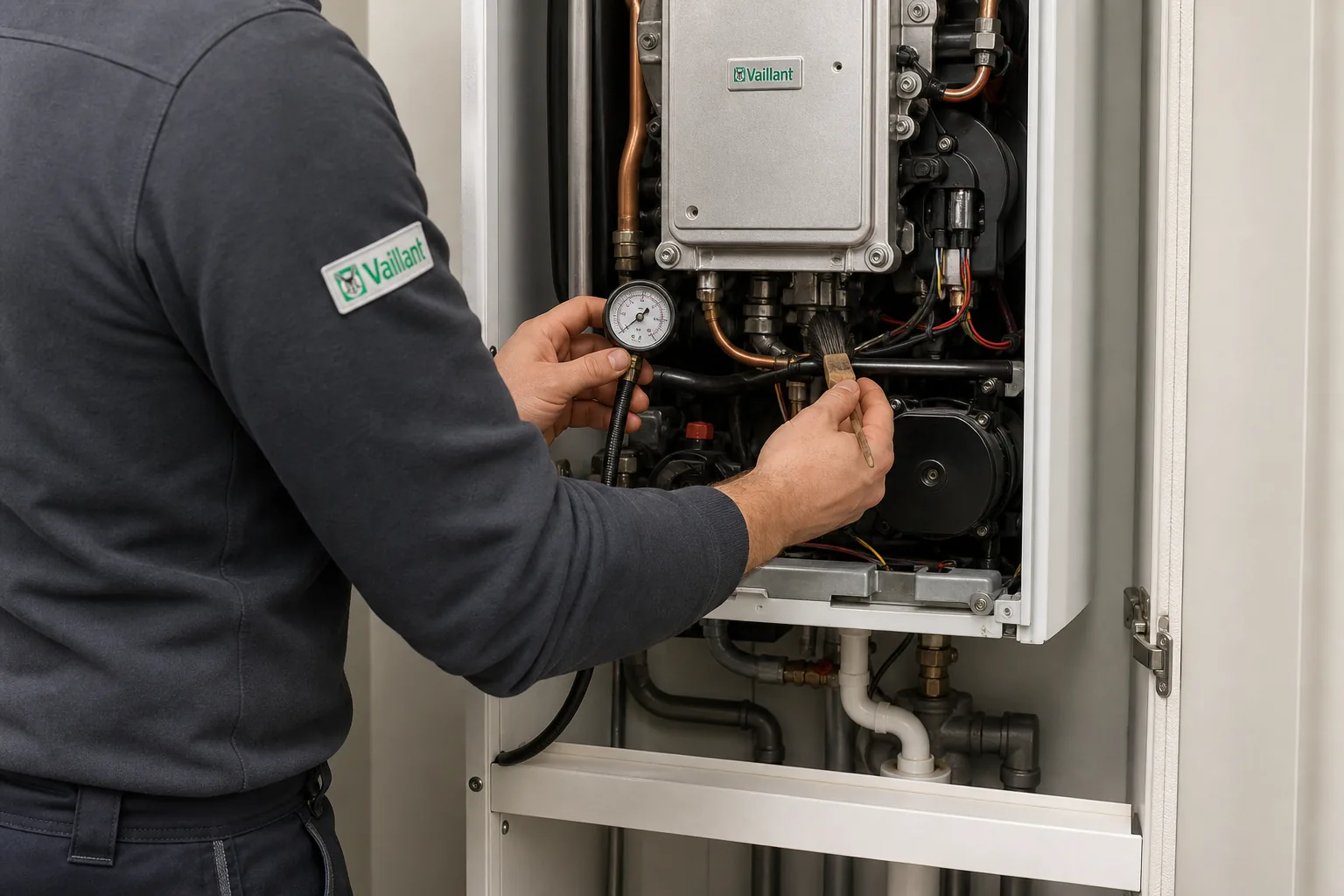 Manometerprüfung bei geöffneter Vaillant Therme